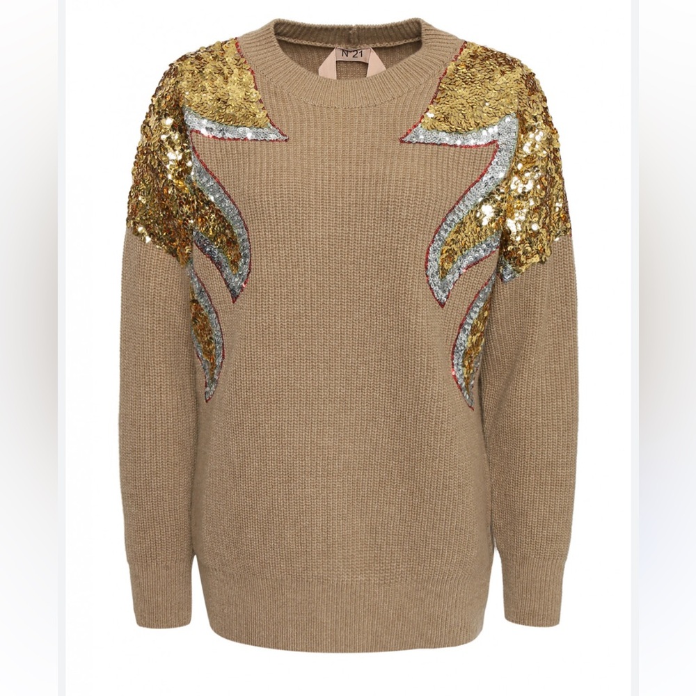 N21 beige wool sweater with sequin embroidery